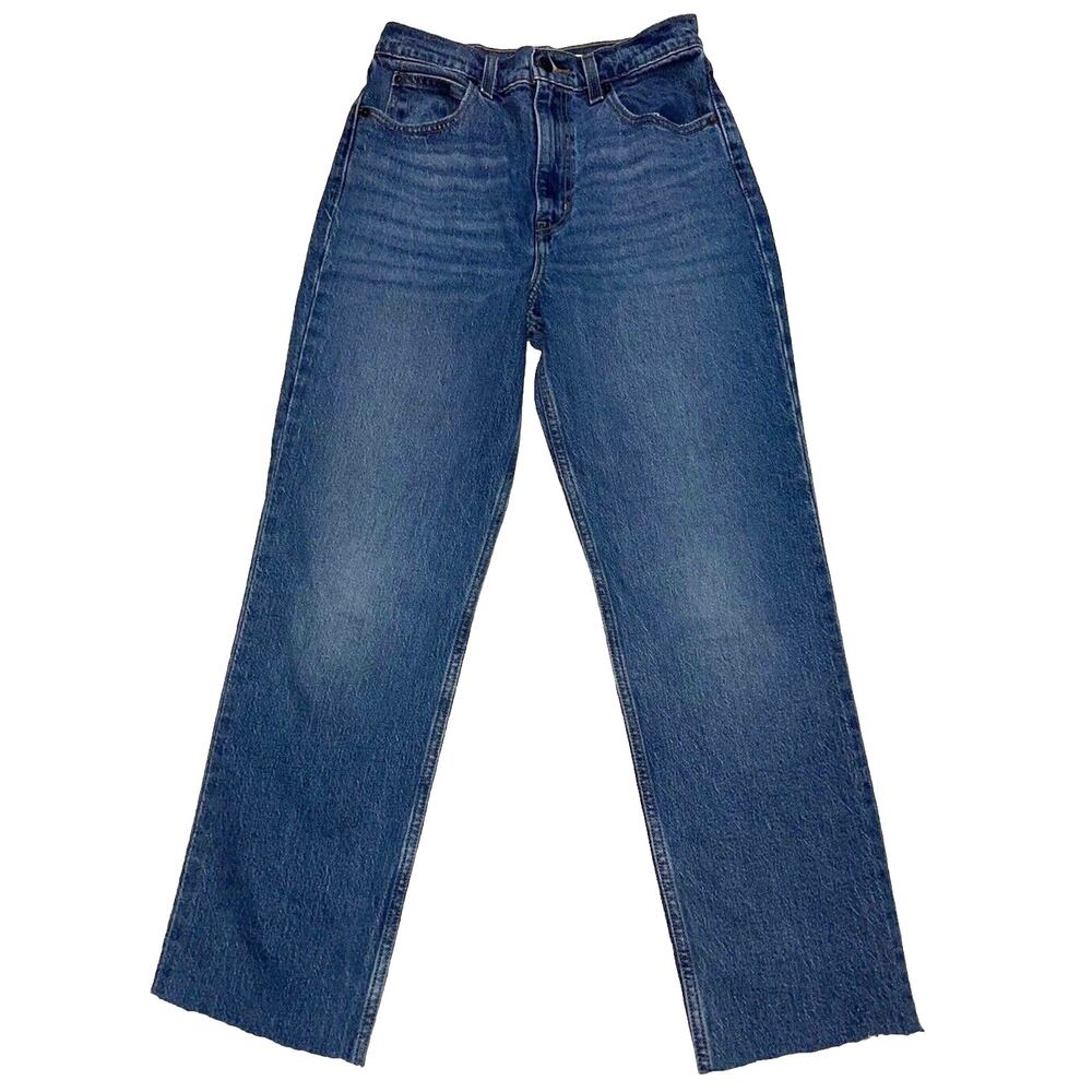 Levis Premium Jeans Womens Size 26 70's High Slim Straight Blue Raw Hem Med Wash